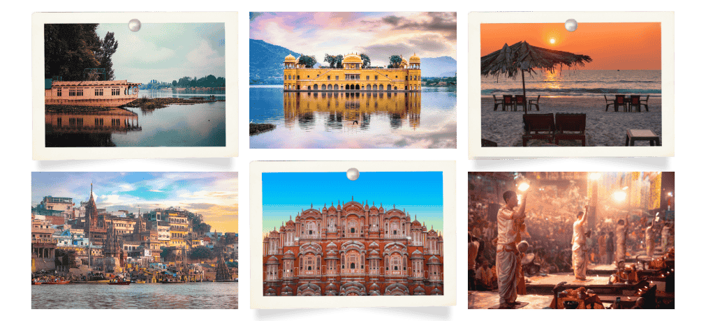 Collage of top travel destinations in India including Kashmir’s serene lakes, Jaipur’s Jal Mahal, Goa beach sunset, Varanasi ghats, Hawa Mahal, and evening aarti rituals.