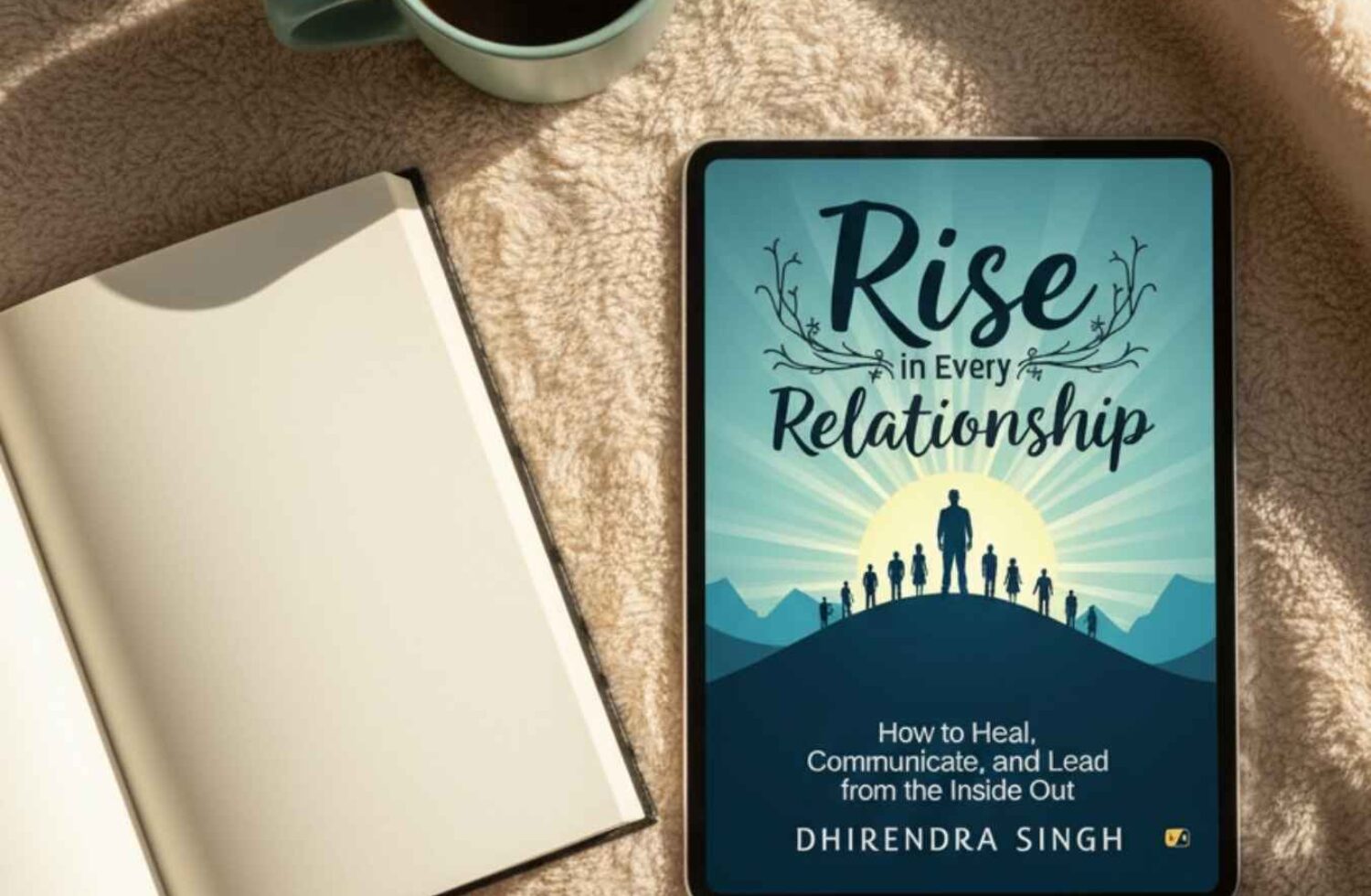 A cozy reading setup featuring a steaming cup of coffee, a candle, open books, and a smartphone displaying the cover of Rise in Every Relationship by Dhirendra Singh. The scene evokes warmth, reflection, and emotional connection — perfectly aligning with the book’s theme of healing and communication.